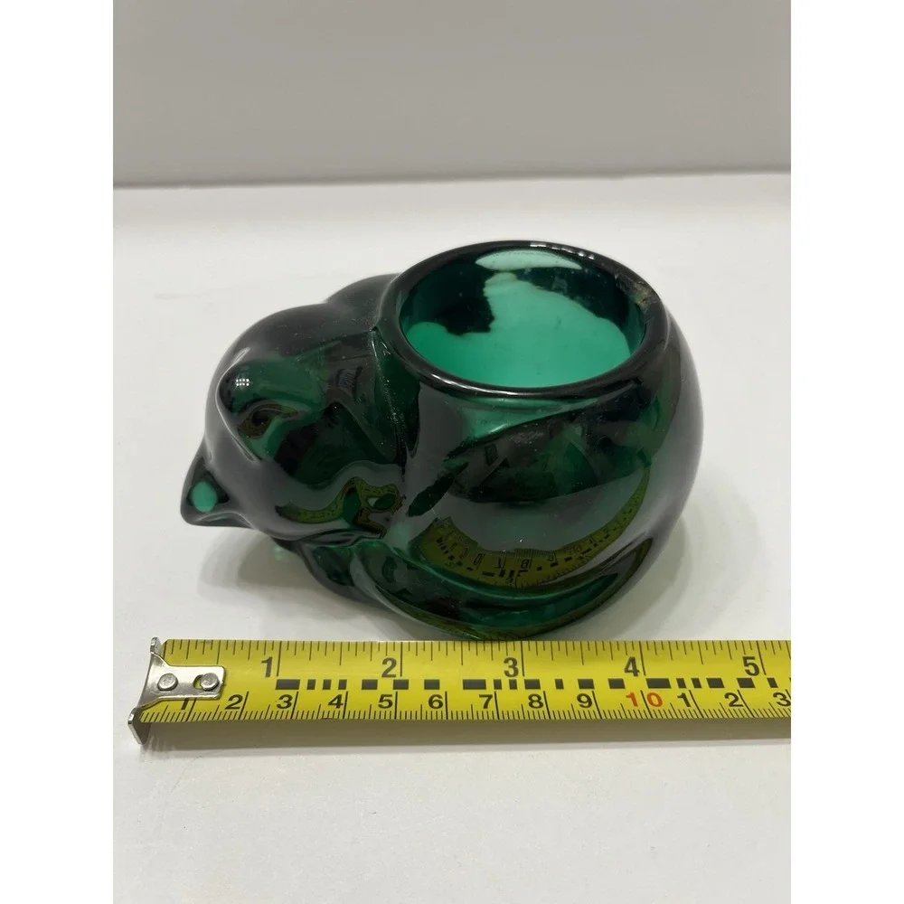 Vintage Indiana Glass Emerald Green Sleeping Cat Votive Candle Holder 4x2.5